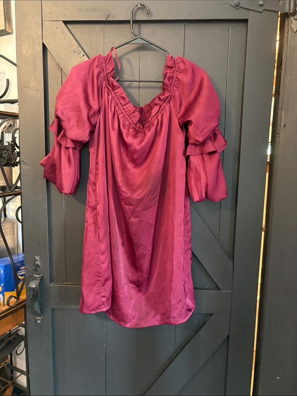 Very J Deep Berry Puff-Sleeve Satin Mini Dress
